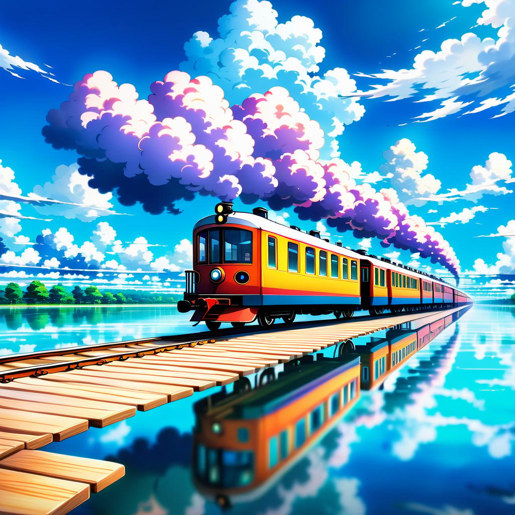  anime artwork train of four carriages. an ancient train rides on flooded paths in a lake filled with water, an endless lake, space, in the distance reflected clouds in the water . anime style, key visual, vibrant, studio anime, highly detailed