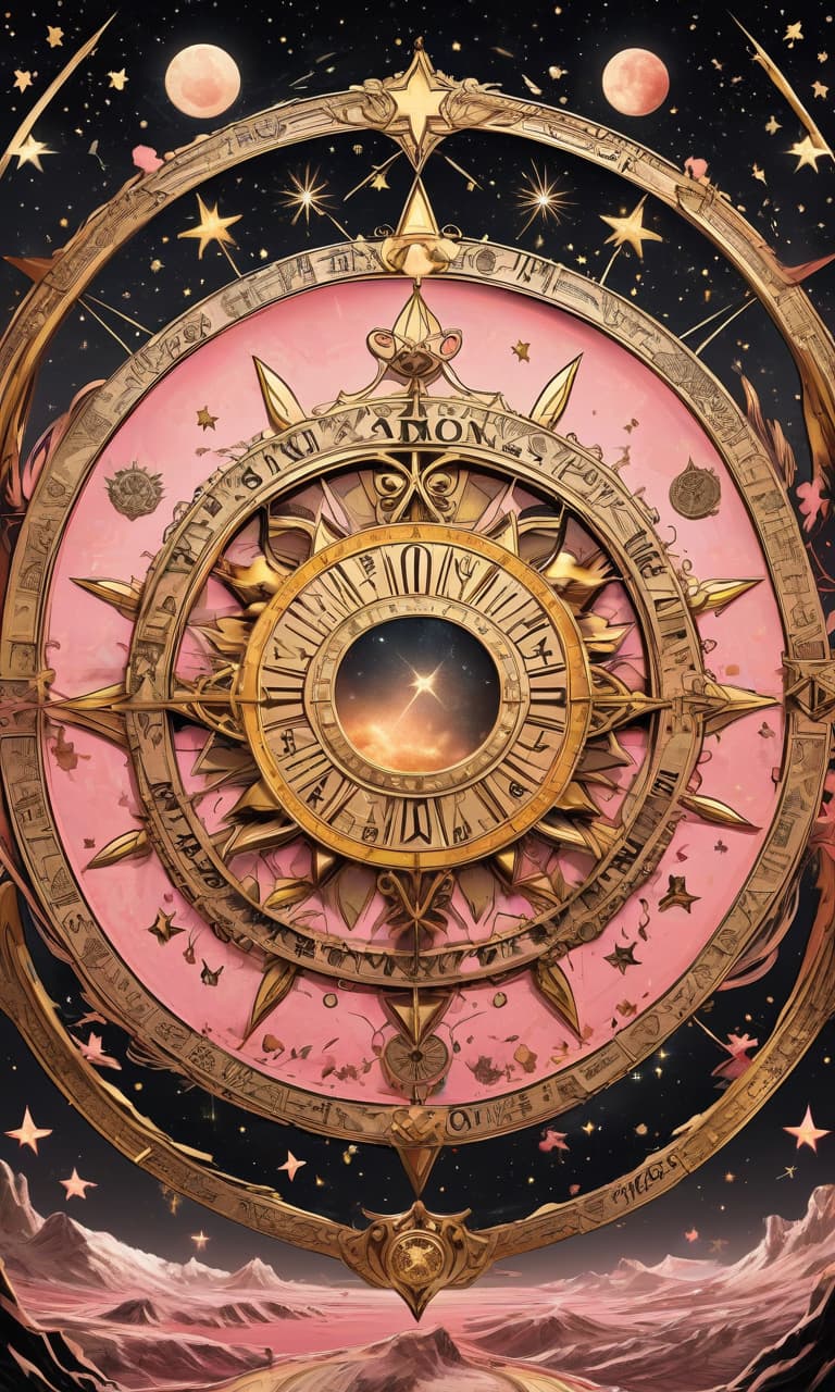  concept art pink, gold, black, white tarot wheel of fortune everywhere stars, moon, sun . digital artwork, illustrative, painterly, matte painting, highly detailed, perfect hands