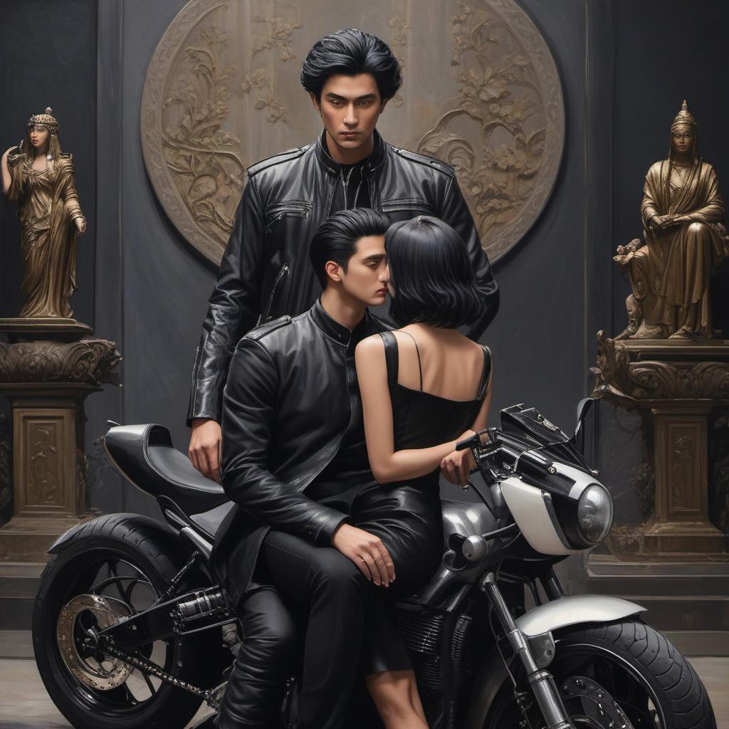  bold, no hair man sitting on a black motorcycle. women with black hair very long, straight,a black dress with statues standing next to him. back view, painting style