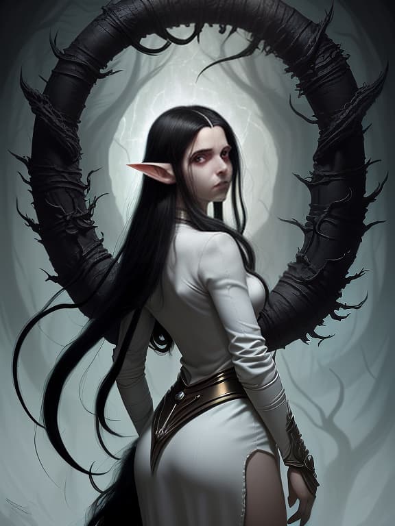  elfish from the universe of warhammer 40000, in white attire, hair gathered in a tail, black hair, brown eyes, hands behind her back, the elf looks from high, dark , creepy , blood , monsters , by jason engle , carlos huante , charlie bowater , simon lee , brom