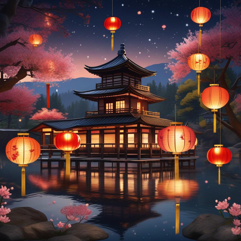  masterpiece, best quality, (Fidelity: 1.4), Best Quality, Masterpiece, Ultra High Resolution, 8k resolution, A night view inspired by Japanese art, featuring a garden illuminated by paper lanterns and a wooden bridge spanning a tranquil lake, by the lakeside, there is a small Zen temple. The water reflects the starry sky.