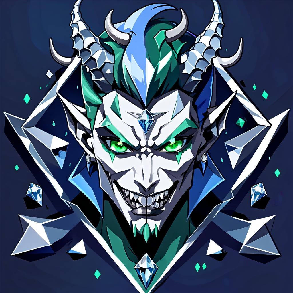  anime artwork diamond devil, portrait. dark green eyes, man. kind. hair gray. with fangs and horns. colors blue, blue, silver . anime style, key visual, vibrant, studio anime, highly detailed