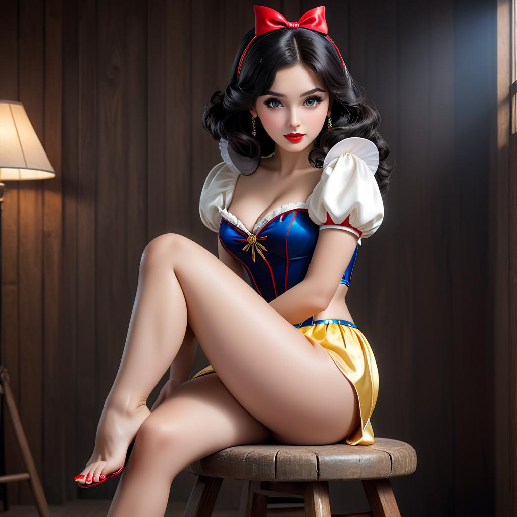  young dressed as snow white, (age young):1.3 wearing only high heel shoes , s, heavy makeup, pose, full body in view, sitting alone on stool, ing legs, legs up, legs open, , clothes off,(high detail), best quality, all body view in view ,high quality, realistic lighting, symmetrical natural eyes, long legs, sensual mouth, natural eyes, beautiful realistic face, high detail, zoomed out, extremely detailed, photo (ultra), photorealistic, realistic, max detail, roughness, real life, ultra realistic, photography, photography, perfect hands, flat ed , manicured nails, (flat s:1.6), flat ed