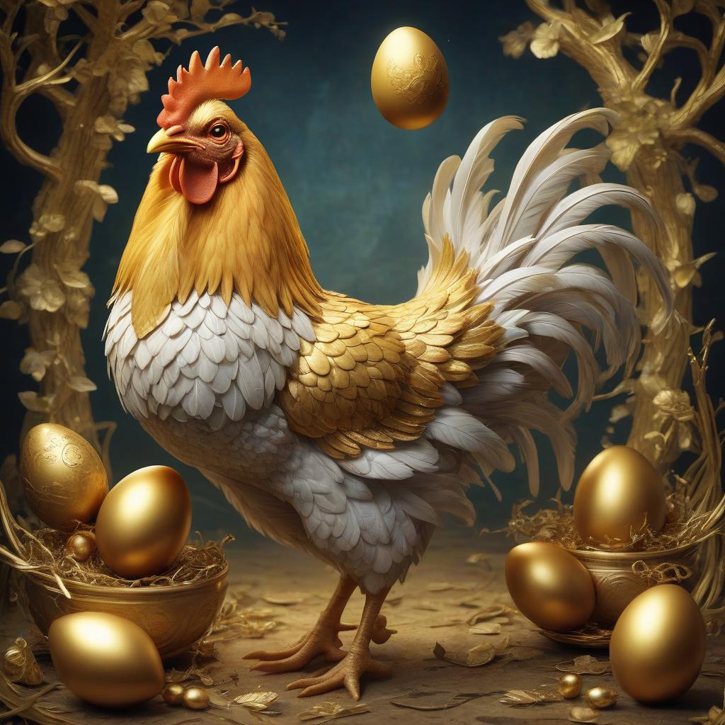  fairy tale the ryaba chicken carries a golden testicle an image of the ryaba chicken with a golden egg. . magical, fantastical, enchanting, storybook style, highly detailed