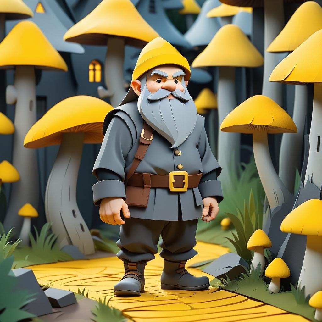  flat papercut style dwarf in gray clothes. stands on the yellow path. in a village where all the houses are mushrooms. . silhouette, clean cuts, paper, sharp edges, minimalist, color block