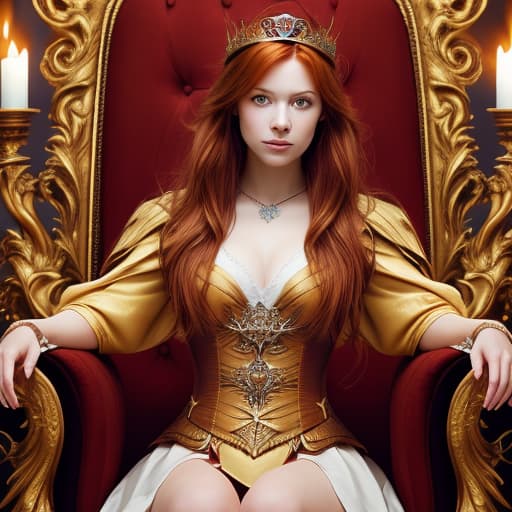  Portrait of a beautiful auburn - haired woman with a guilded crown sitting on a throne with heightened detail