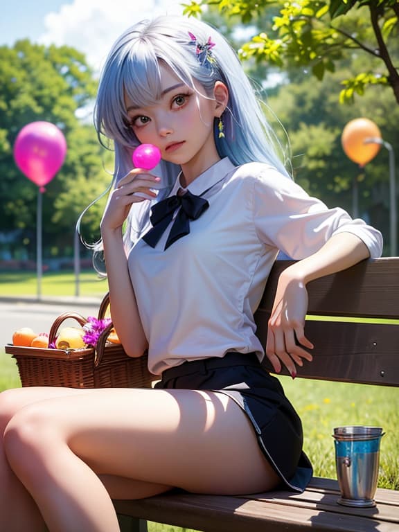  master piece, best quality, ultra detailed, highres, 4k.8k, Young ., Sitting with legs up and lifted., Cheerful and carefree., BREAK Innocent and scene of a young in a park., Park bench., Picnic basket, colorful balloons, and a teddy bear., BREAK Bright and sunny day with a gentle breeze., Soft and warm lighting, creating a sense of nostalgia., GemstoneAI
