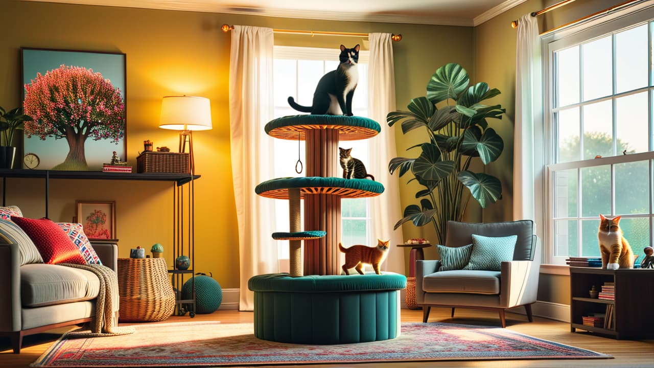  a cozy living room scene featuring various diy cat trees made from wood, fabric, and rope, adorned with toys and soft cushions, while playful cats explore and lounge happily on each structure. hyperrealistic, full body, detailed clothing, highly detailed, cinematic lighting, stunningly beautiful, intricate, sharp focus, f/1. 8, 85mm, (centered image composition), (professionally color graded), ((bright soft diffused light)), volumetric fog, trending on instagram, trending on tumblr, HDR 4K, 8K