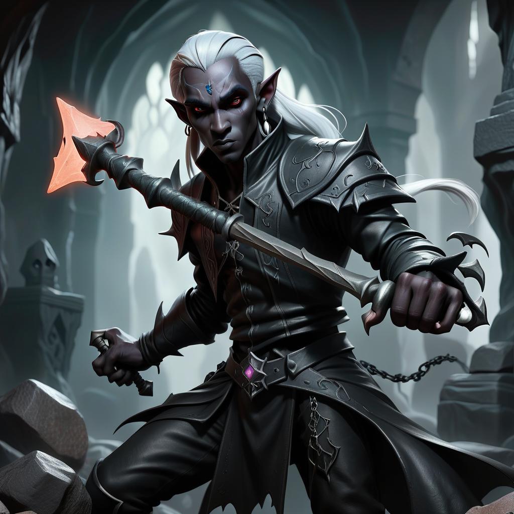  macabre style drow male elf cleric, simble plain black leather jacket, simple iron battle mace, dark cave temple . dark, gothic, grim, haunting, highly detailed, civitai, hkmagic