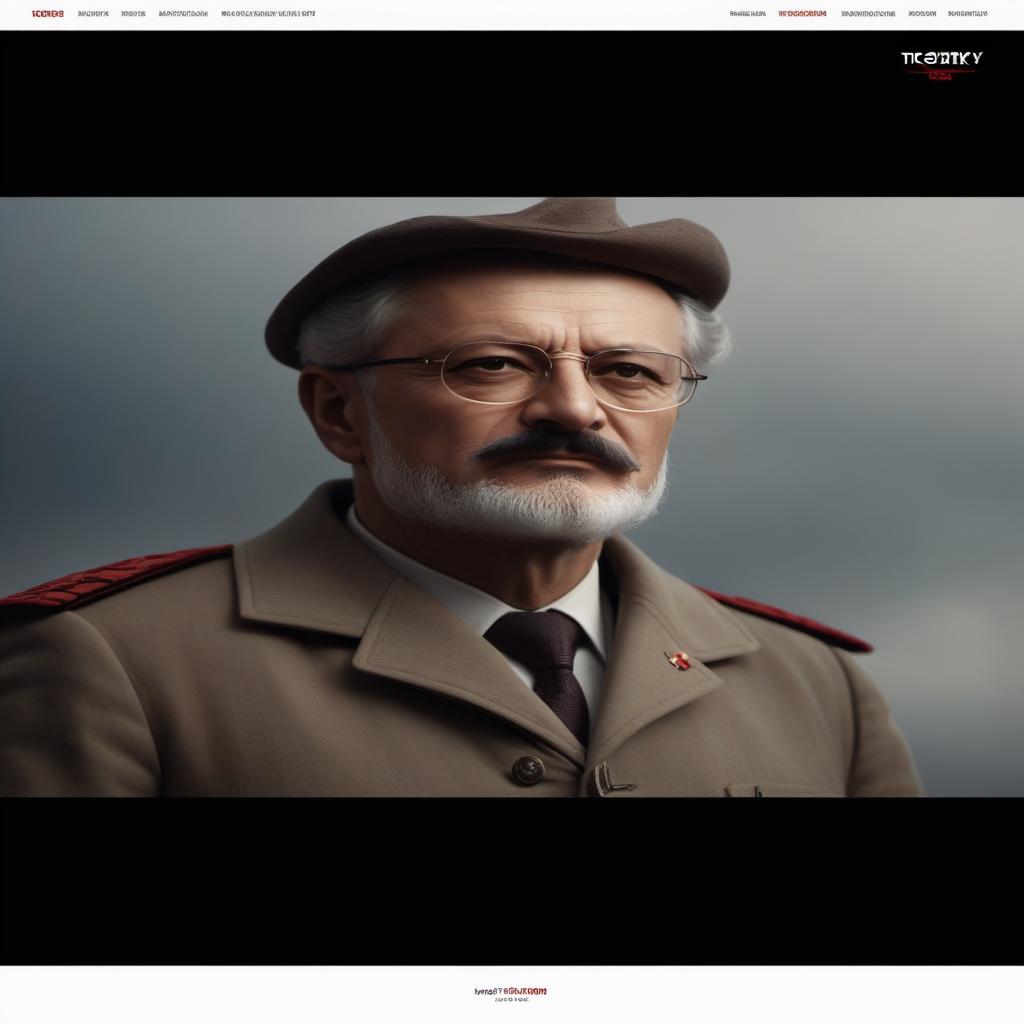  Politician Trotsky Lev Davidovich And the red banner hyperrealistic, full body, detailed clothing, highly detailed, cinematic lighting, stunningly beautiful, intricate, sharp focus, f/1. 8, 85mm, (centered image composition), (professionally color graded), ((bright soft diffused light)), volumetric fog, trending on instagram, trending on tumblr, HDR 4K, 8K