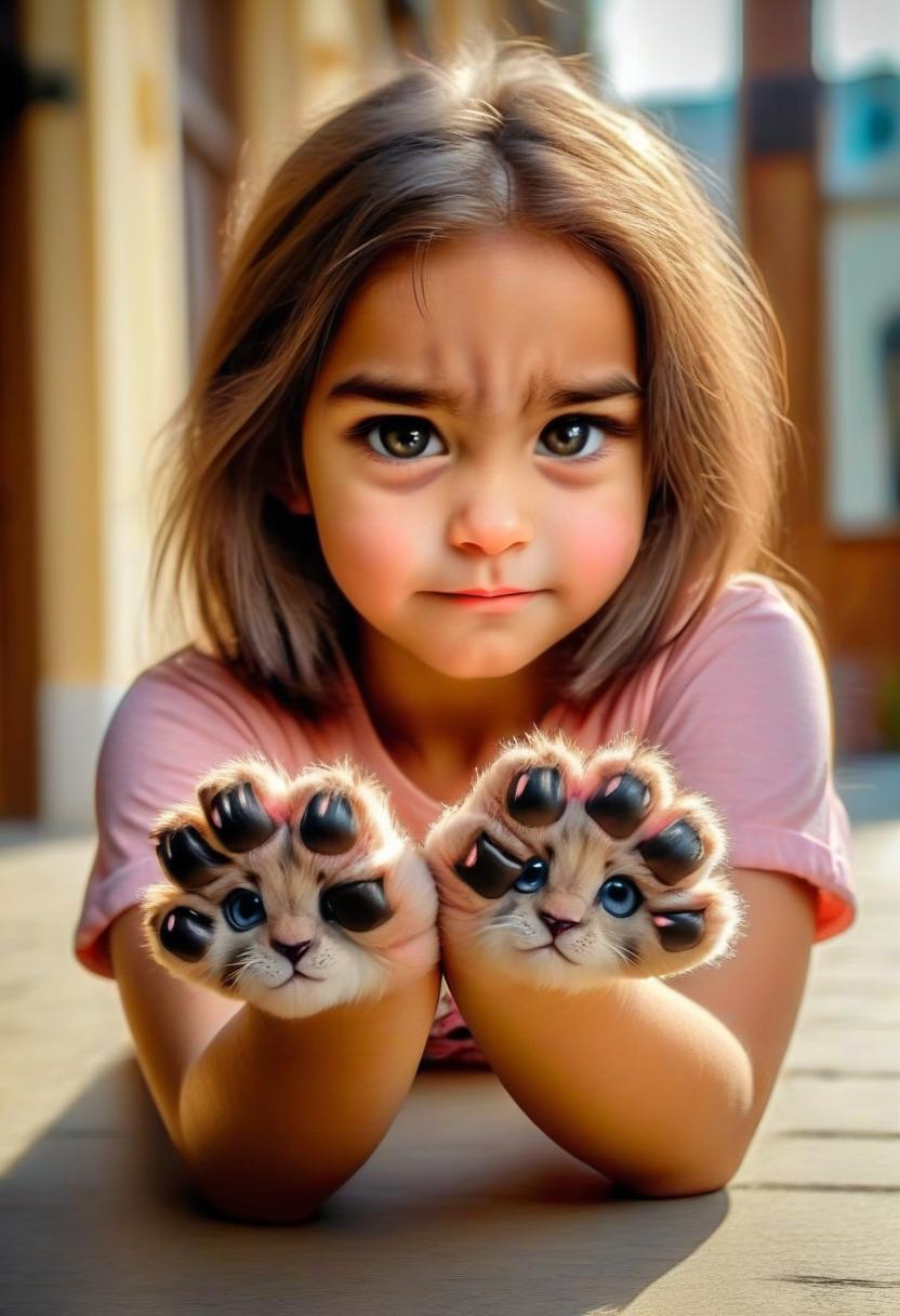  cute young woman with fluffy paws as hand and pinky claws, perfect hands, perfecteyes