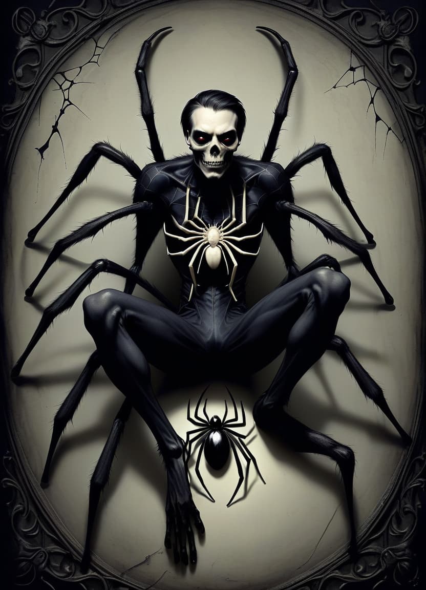  macabre style make him a man with the lower half of a spider's body . dark, gothic, grim, haunting, highly detailed