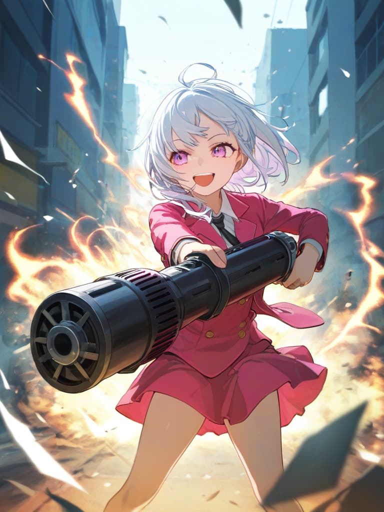  masterpiece,one white haired girl,bobbed hair,swinging hair,smiling,high laugh,pink one piece dress,fluttering skirt,(((holding gatling gun))),lines of effect,(sparks from muzzle),(lots of sparks),enemies everywhere,suits in black,urban area,blowing pieces of paper,trash,dust,high resolution,16k