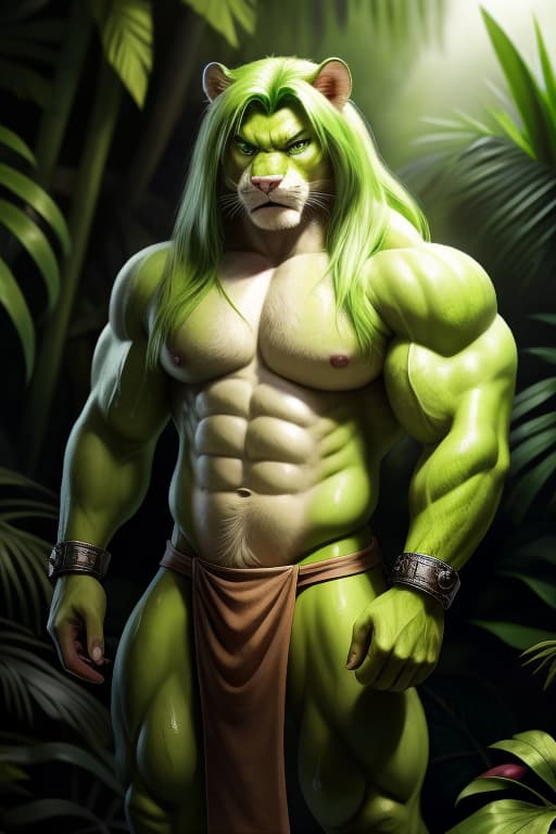  Cat Fursona, Male, Huge Muscles, Abs, Lime green fur, Lime Green long hair, Bright green eyes, Loin cloth, Wrist cuffs, sweaty, dirty, Jungle, Angry stare., open eyes, masterpiece, 4k, fine details,