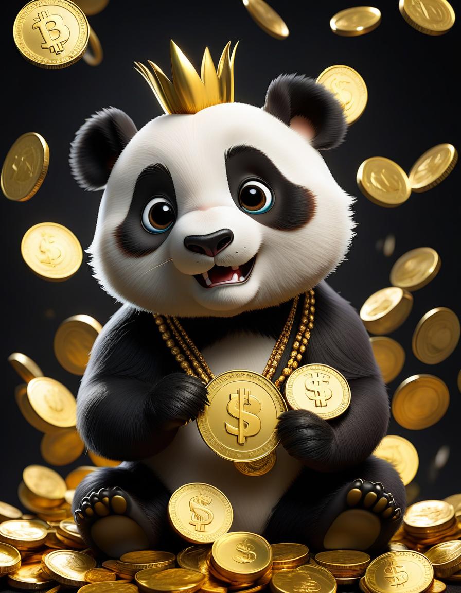  create a picture of the dollar rate rising and falling in gold color in the center a cartoon panda with a mohawk with a coin in his hand on a black background hyperrealistic, full body, detailed clothing, highly detailed, cinematic lighting, stunningly beautiful, intricate, sharp focus, f/1. 8, 85mm, (centered image composition), (professionally color graded), ((bright soft diffused light)), volumetric fog, trending on instagram, trending on tumblr, HDR 4K, 8K