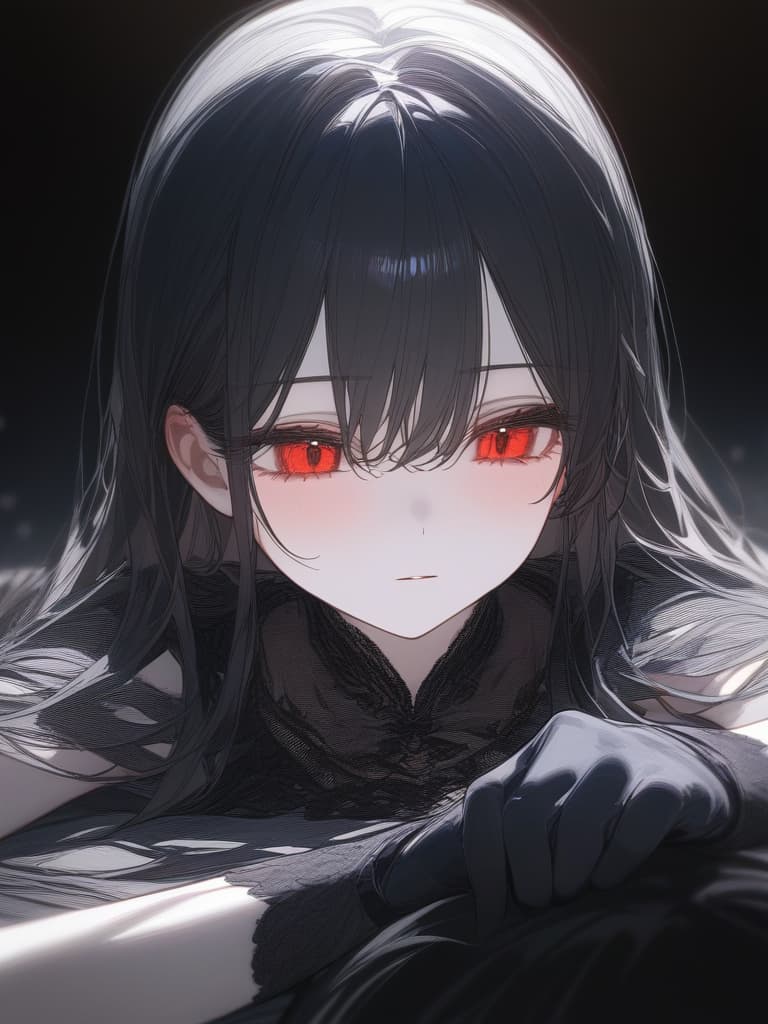  girls, thin body, black hair, red eyes, young face, black lace, dark background, mourning, black gloves, white skin, long hair, masterpiece, best quality,8k,ultra detailed,high resolution,an extremely delicate and beautiful,hyper detail