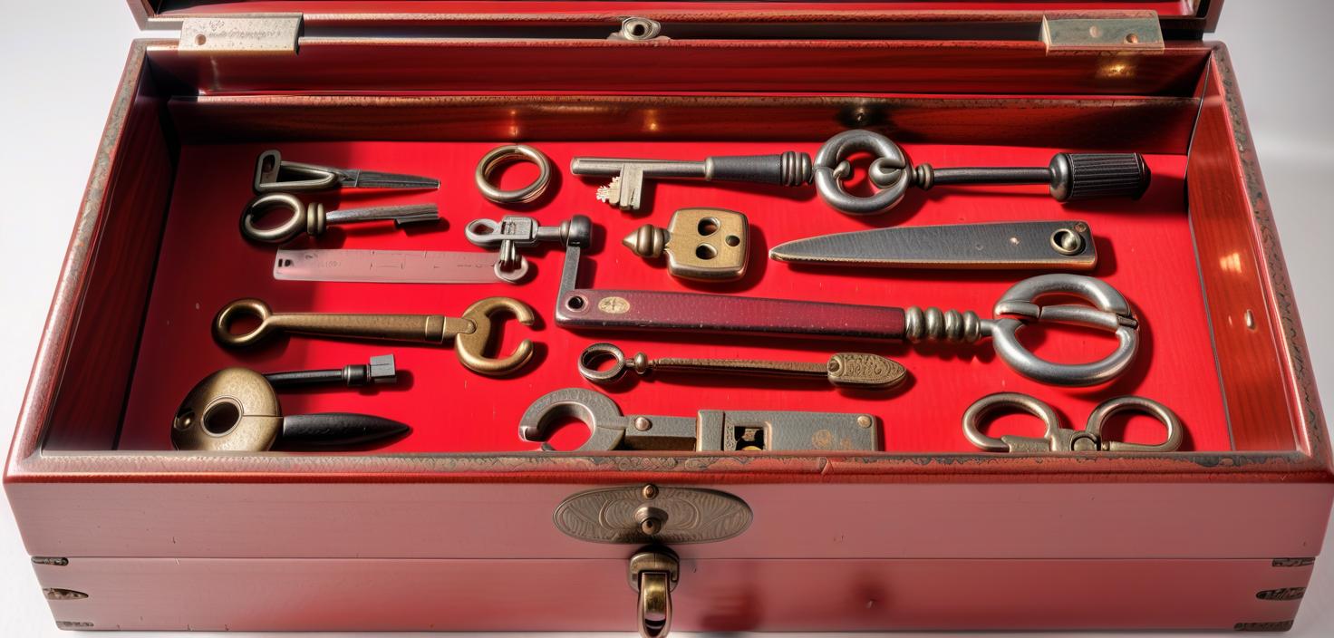  i look in a large, open, vintage, lacquered box with keys and tools. situated right in front of my face, civitai