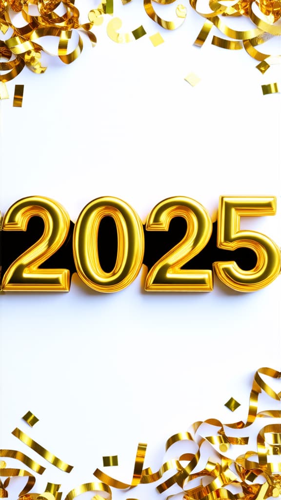  gold 2025 numerals surrounded by gold confetti and streamers on a white background. 2025 new years eve celebration ar 9:16 {prompt}, maximum details