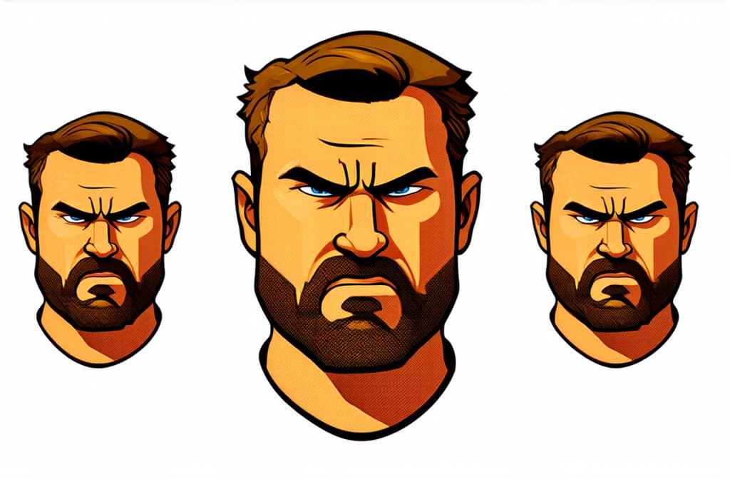  set of 3 faces of angry caucasian men isolated on white background, close up, funny cartoon illustration ar 3:2 {prompt}, maximum details