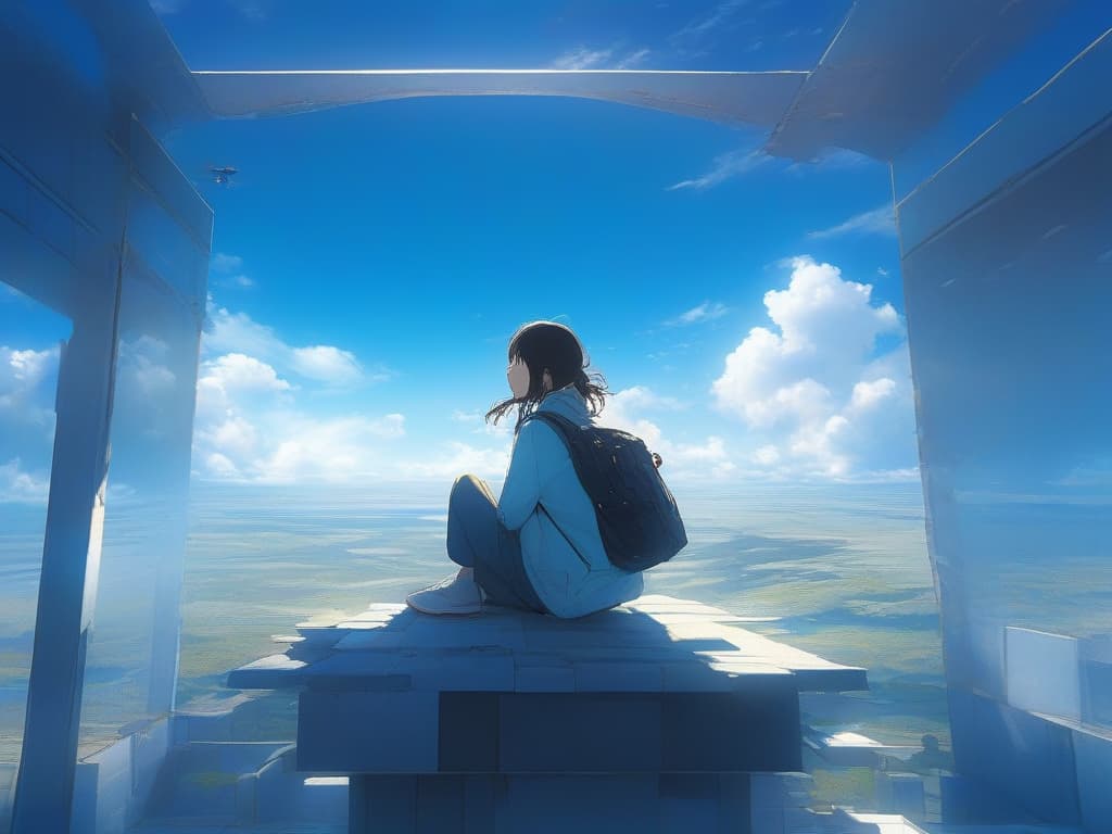  blue sky, high place, one girl, sitting, wide sky, sky, blue sky, sun,