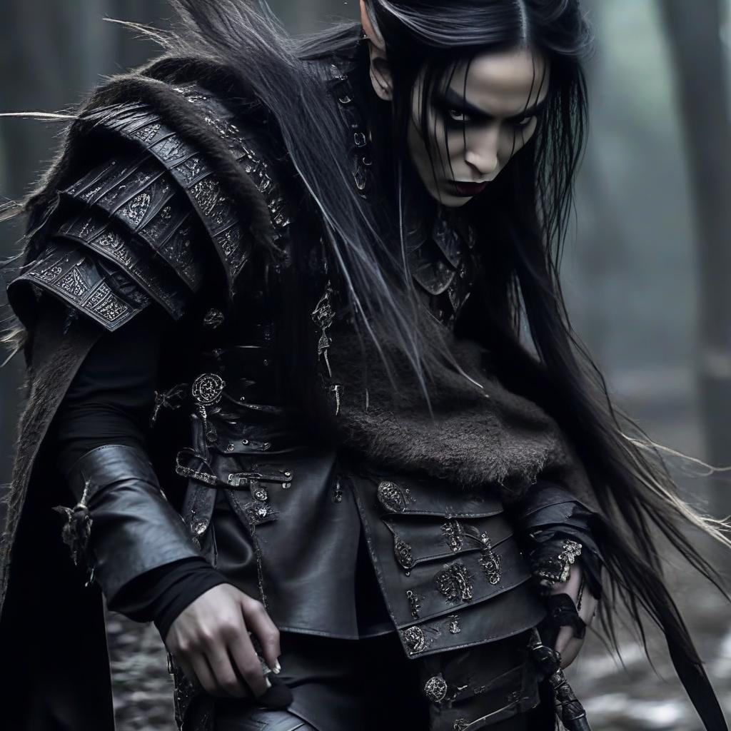  macabre style film actress fei ren in the form of the queen of elves of a thief fighter in a variety of leather skirts in full height. . dark, gothic, grim, haunting, highly detailed, perfecteyes, perfect hands