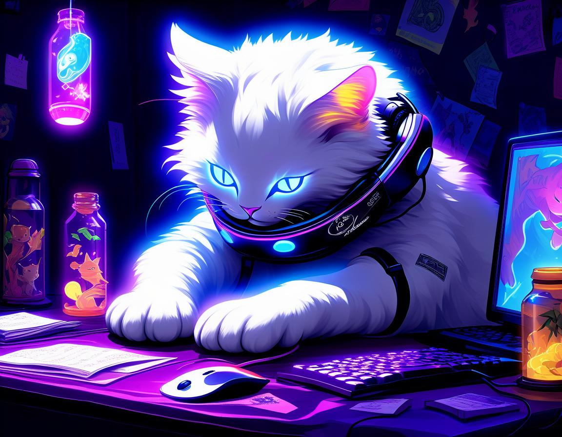  ethereal fantasy concept art of a fluffy white cat gamer stretches out on a cool leather computer chair at a table and drives a computer mouse with his paw across the mat on the table. he's wearing big headphones with ears that glow. he plays a difficult game, so he is very involved. on the walls hang posters from anime, leaves with different notes, garlands and neon tape under the ceiling, in the corner of the room there is a ficus. on the floor on the carpet lies a toy mouse, pieces of dry food in the form of fish and empty glass bottles of milk. it's night out, so it's dark in the room. . magnificent, celestial, ethereal, painterly, epic, majestic, magical, fantasy art, cover art, dreamy, oil painting