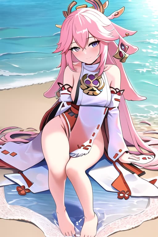  young european women,barefeet,full body,(yae miko:1.3), (masterpiece), (highest quality), (intricate), (high detail),girl at beach, an extremely detailed illustration of a cute beautiful women on the sea beach, detailed water, masterpiece, best quality, high quality, solo