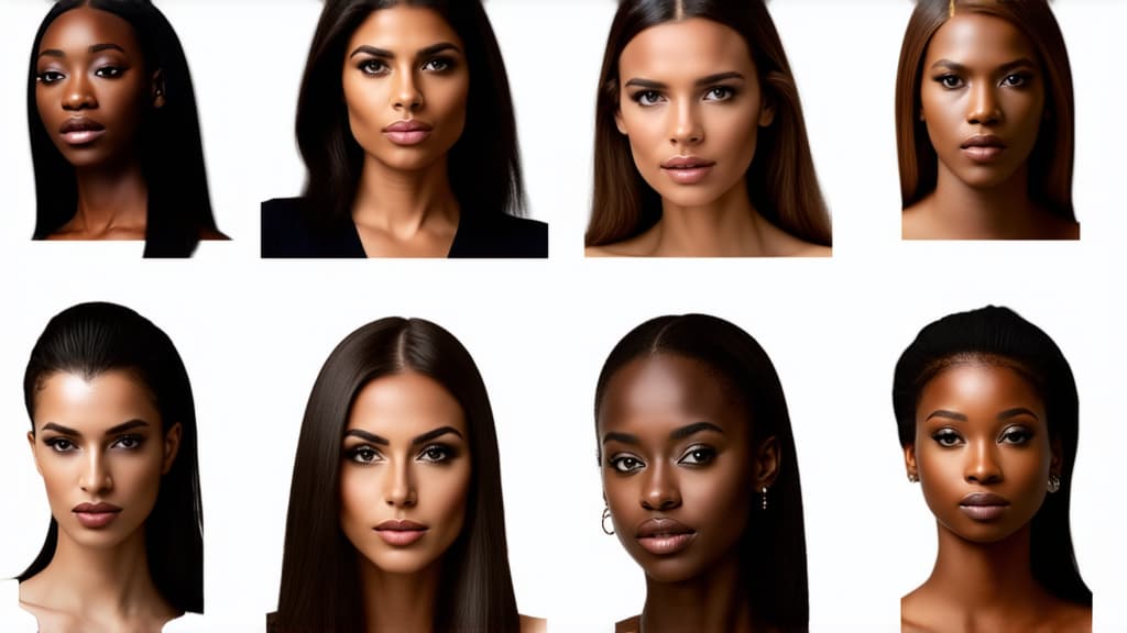  different beauty. set of different female heads on light background. different races and nationalities. ar 16:9, (natural skin texture), highly detailed face, depth of field, hyperrealism, soft light, muted colors