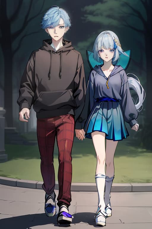  the art depicts chung yun from genshin impact, a young man of fragile build with pale skin, short blue hair and light blue eyes with cat pupils. he is dressed in short (just below the ) white shuffles with a golden finish, a tight fitting dark blue long sleeved sweatshirt and a short white hooded jacket that goes holding linette's hand a young with purple eyes, pale skin and blonde hair. you can see the cat's ears and tail. on her left cheek is a five pointed star mark. lynette wears a black body with a white shirt cut bolero, a short f and a short dark cape attached to her clothes with a pair of bows. on her feet are a pair of shoes ending just above the ankle trying to 