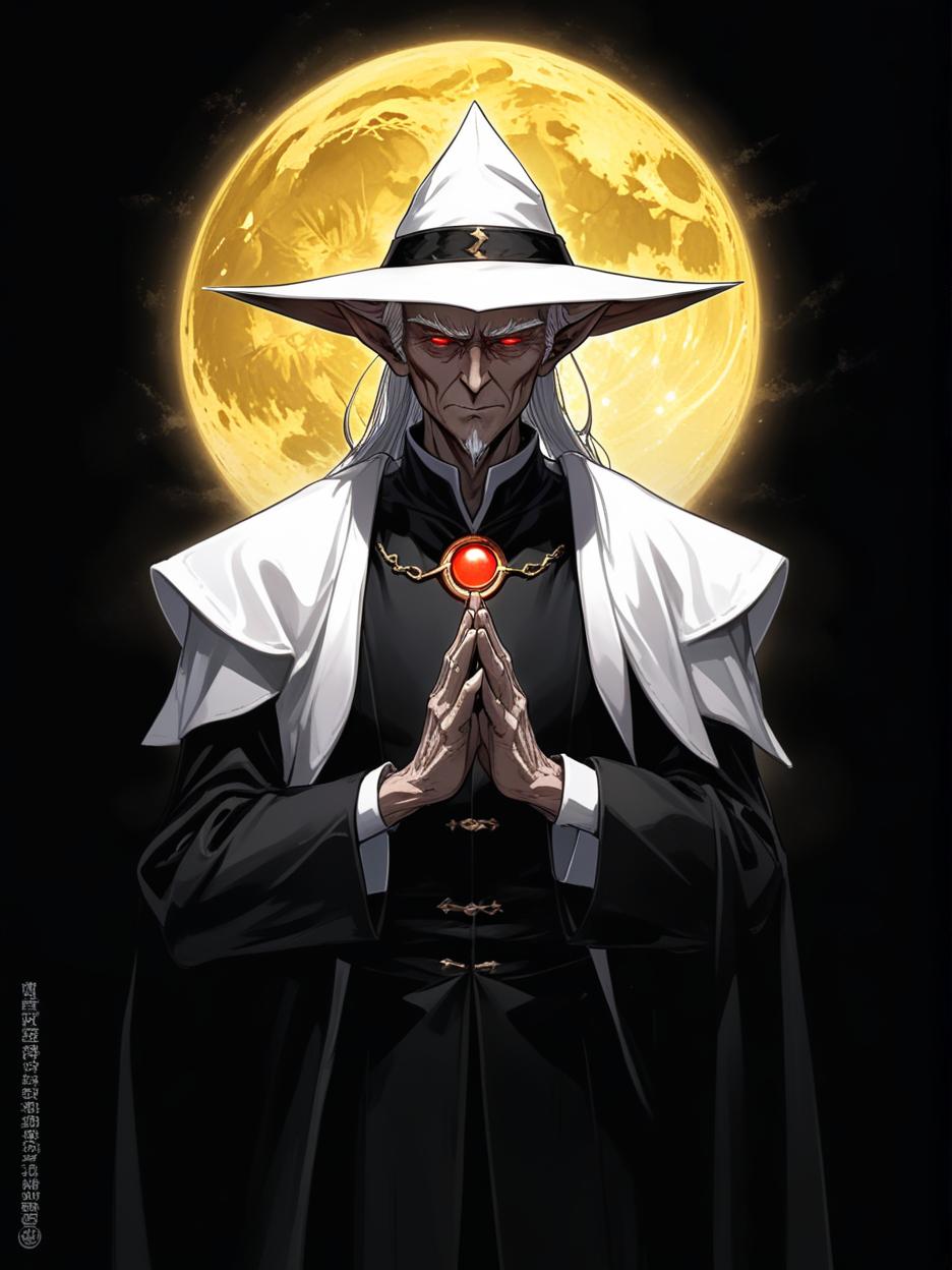  manga artwork a powerful old male elf sorcerer in a black suit and brim hat, standing with his hands clasped at his chest, his eyes shining gold, behind him a bright red moon. manga artist. manga, highly emotional. best quality, high resolution