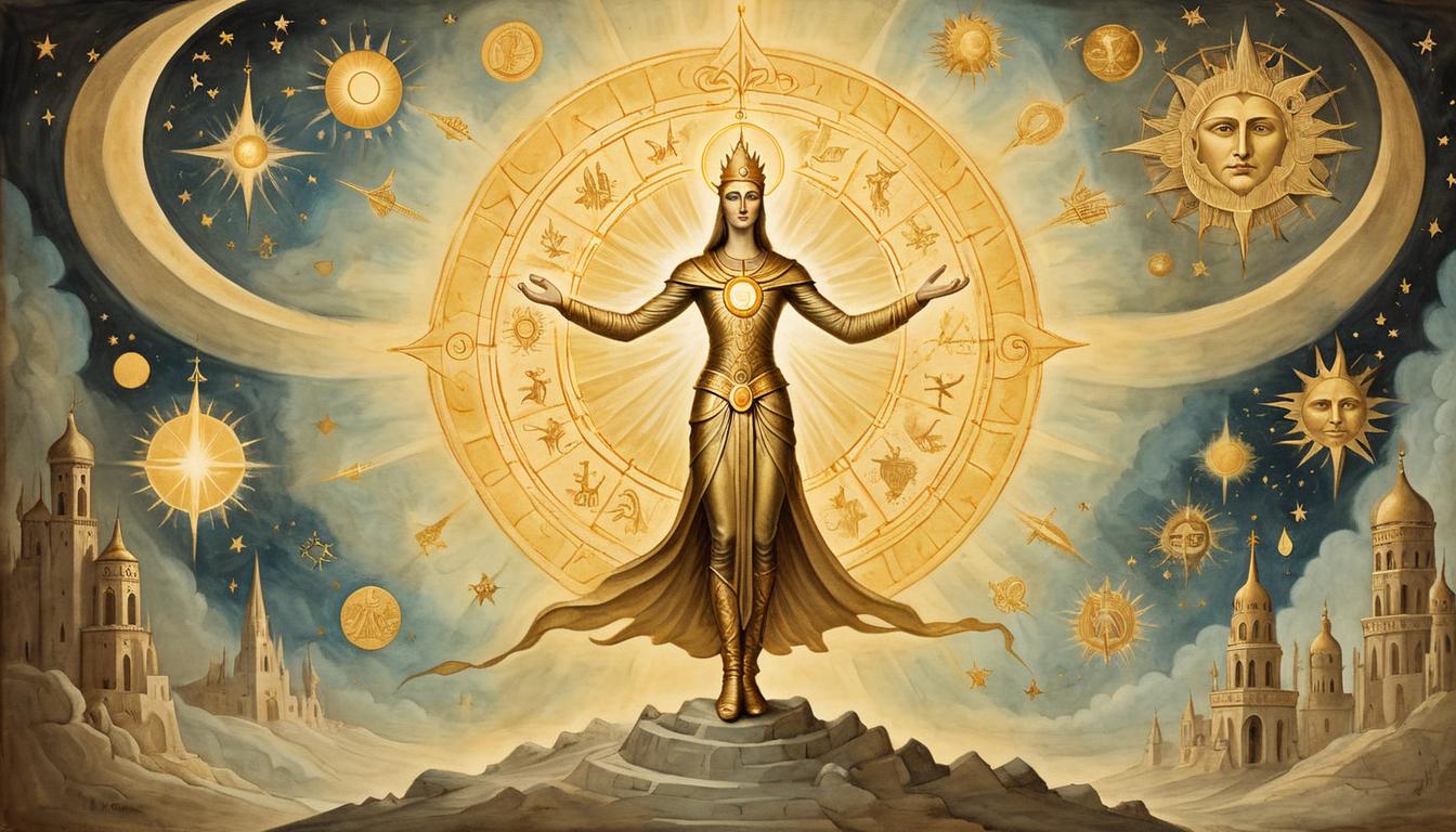  on parchment, surrealism+++, a radiant figure surrounded by divine light, golden aura, celestial symbols, figures in shadows at the edge, awe, revelation(mysterious, provocative, symbolic,muted color)+++