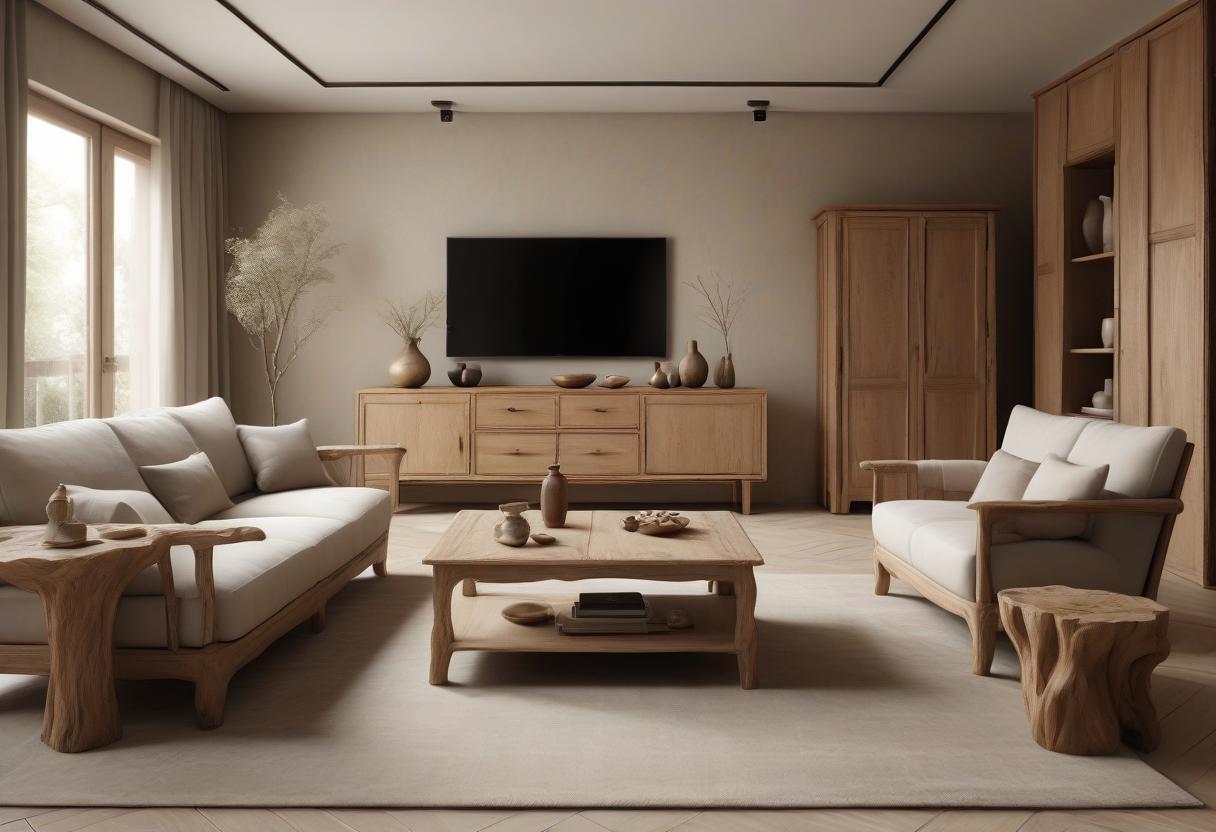  luxury product style interior design in wabi sabi style, solid wood furniture, sofa, coffee table, tea cabinet, solid wood furniture in wabi sabi style, living room, panoramic shooting, ultra clear, 8k . elegant, sophisticated, high end, luxurious, professional, highly detailed