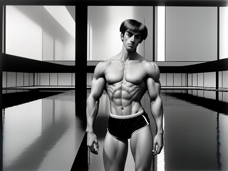  a muscular man with an open torso and wearing tight shorts., geometric , structural , aesthetic , by julius shulman, andreas gursky, iwan baan, berenice abbott, hiroshi sugimoto