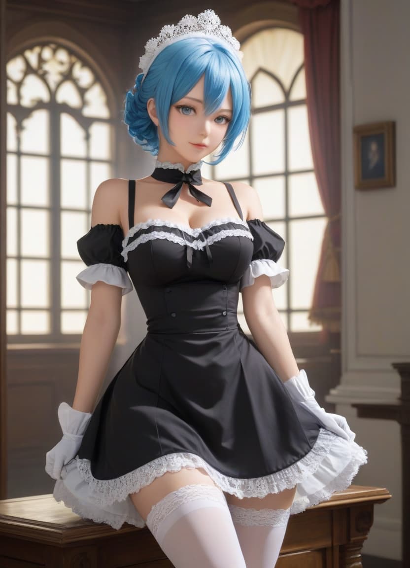  anime artwork , full body 1 , visible through the hips, bare shoulders, black raised dress, blue hair, , clothes lift, unoned collar, sleeves, dress, dress lift, garter strings, hair above the eyes, lace, lace trim, raised, lips, gaze at the viewer, maid, maid's headdress, voluminous s, s, (without ), nose, realistic, rem (re:zero), roswaal mansion maid uniform, short hair, , lift , solo, voluminous hips, uncensored, glossy white stockings. urinating . anime style, key visual, vint, studio anime, highly detailed hyperrealistic, full body, detailed clothing, highly detailed, cinematic lighting, stunningly beautiful, intricate, sharp focus, f/1. 8, 85mm, (centered image composition), (professionally color graded), ((bright soft diffused light)), volumetric fog, trending on instagram, trending on tumblr, HDR 4K, 8K