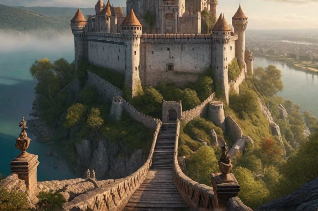  una imagen realista tipo fotografia de un castillo templario; sobre unas rocas; a la orilla de un rio; rodeado de un bosque de encinas; al amanecer; inspirate en el castillo templario de españa; vista frontal; , realistic, portrait, art by donato giancola and greg rutkowski, realistic face, digital art, trending on artstation hyperrealistic, full body, detailed clothing, highly detailed, cinematic lighting, stunningly beautiful, intricate, sharp focus, f/1. 8, 85mm, (centered image composition), (professionally color graded), ((bright soft diffused light)), volumetric fog, trending on instagram, trending on tumblr, HDR 4K, 8K