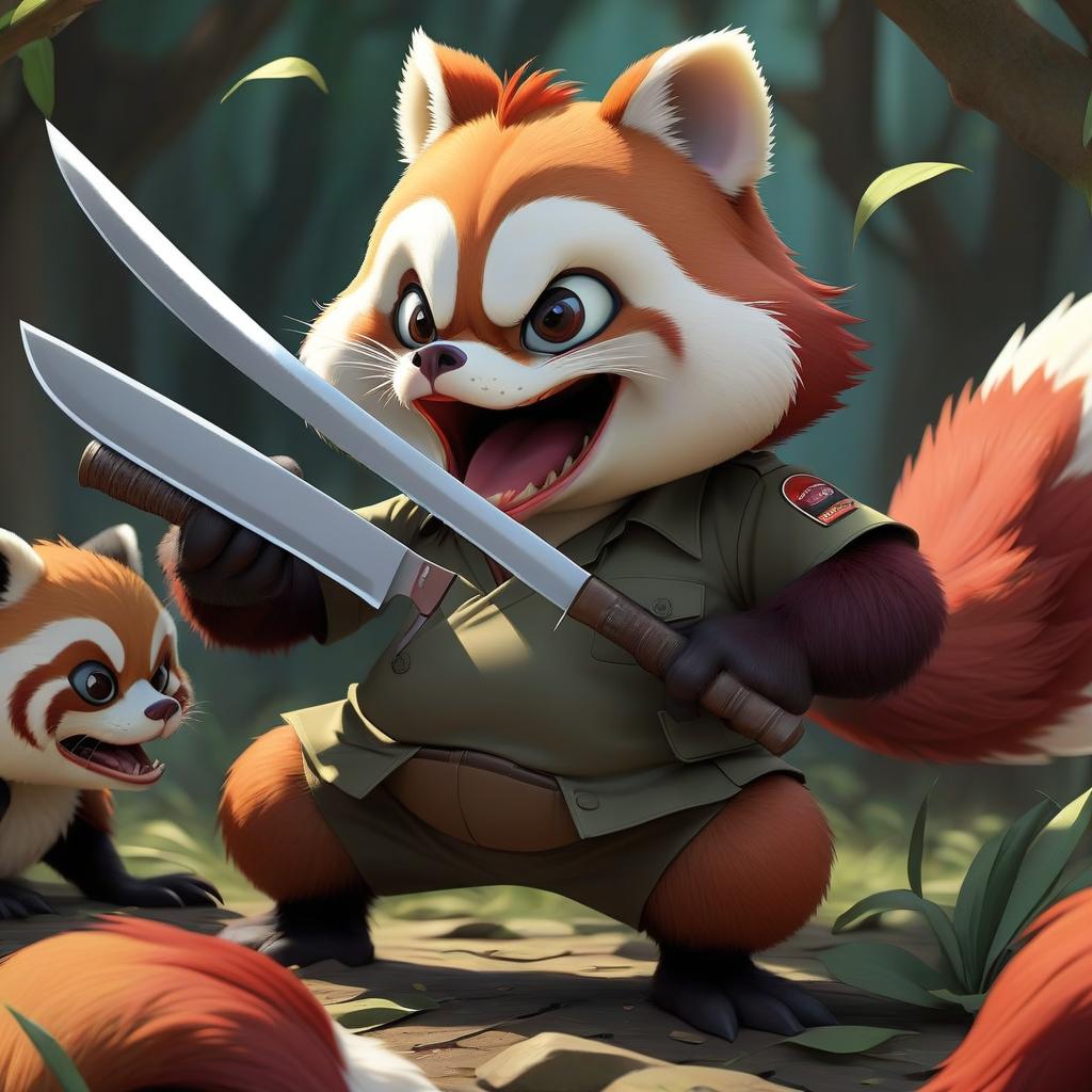  anime artwork a duck with a knife hunts a red panda . anime style, key visual, vibrant, studio anime, highly detailed, sticker