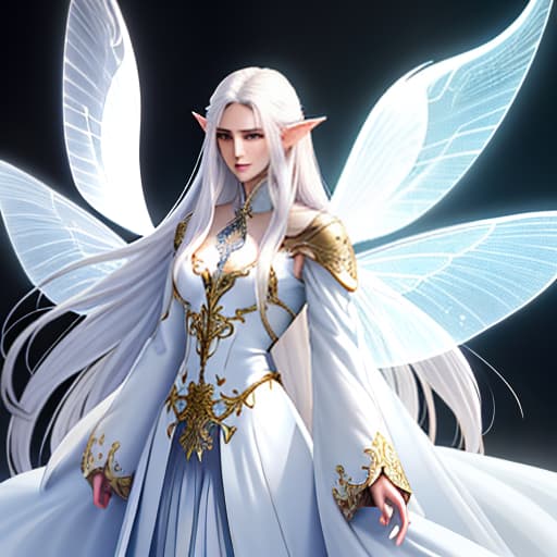 Divinely handsome young male fairy, thin build, straight long white hair, look in the camera, waist length portrait, big glowing fairy wings, fancy rich fairy clothes, night,, fantasy, , hyperrealism, high quality, painted anime digital art, , intricate details, highly detailed. hyperrealistic, full body, detailed clothing, highly detailed, cinematic lighting, stunningly beautiful, intricate, sharp focus, f/1. 8, 85mm, (centered image composition), (professionally color graded), ((bright soft diffused light)), volumetric fog, trending on instagram, trending on tumblr, HDR 4K, 8K