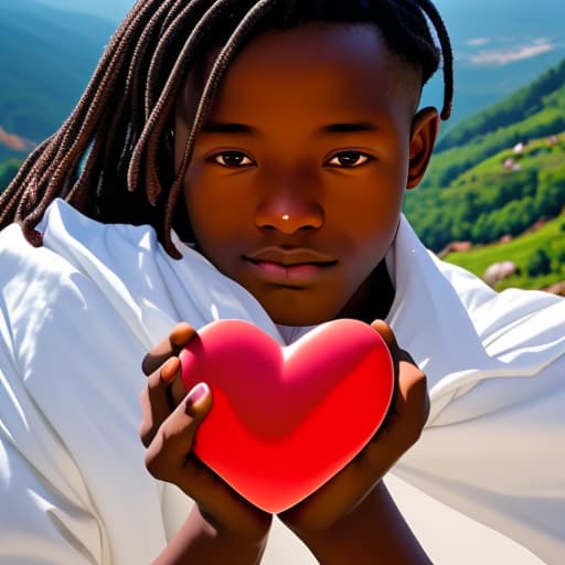  Fair skin Ghanaian boy holding a heart in his hands on a mountain