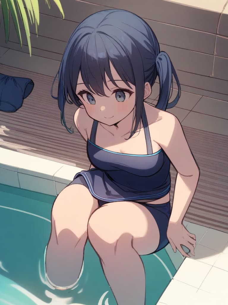  women's elementary students (male), twin tails, cute smiles, (rich s), low stature, dark blue swimwear, old swimwear, , simple, (upward), , (bulge), front, whole body, pool side. ,,,