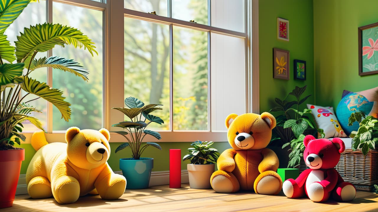  a vibrant, sunlit playroom filled with natural wooden toys, soft organic cotton stuffed animals, and colorful recycled plastic blocks, surrounded by green plants and a window showcasing a serene outdoor garden. hyperrealistic, full body, detailed clothing, highly detailed, cinematic lighting, stunningly beautiful, intricate, sharp focus, f/1. 8, 85mm, (centered image composition), (professionally color graded), ((bright soft diffused light)), volumetric fog, trending on instagram, trending on tumblr, HDR 4K, 8K