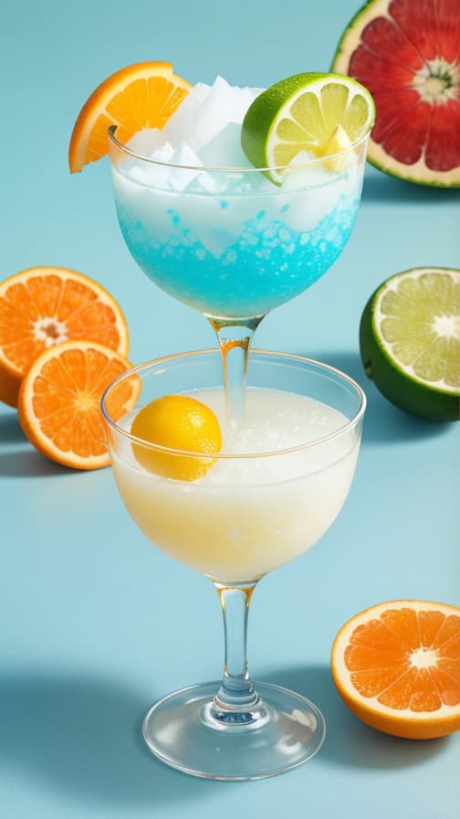  "Japanese shaved ice, The refreshing white ice particles are evenly scattered throughout the drink, giving it a cool texture. Colorful tropical fruits such as oranges, limes, and pineapples are scattered on top of the ice, creating an appetizing impression. The pale blue gradation in the background evokes the freshness of summer.