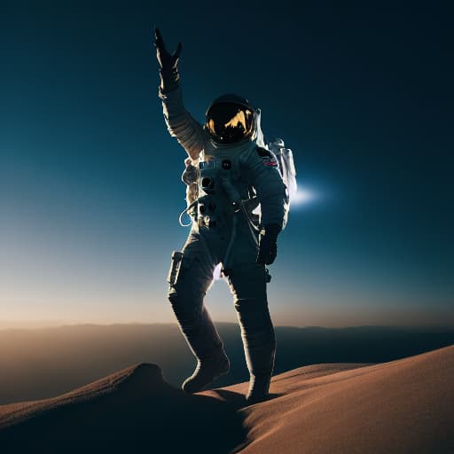  astronaut holding up peace sign hyperrealistic, full body, detailed clothing, highly detailed, cinematic lighting, stunningly beautiful, intricate, sharp focus, f/1. 8, 85mm, (centered image composition), (professionally color graded), ((bright soft diffused light)), volumetric fog, trending on instagram, trending on tumblr, HDR 4K, 8K