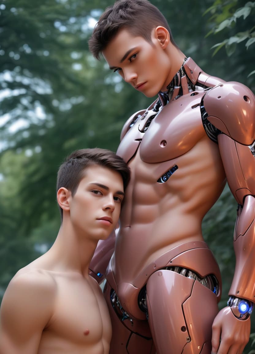  young guy, brunette, cyborg, robotic body parts, high quality