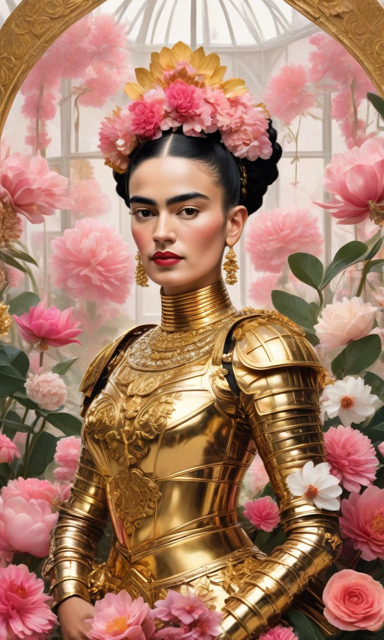  concept art color pink, white, black, gold greenhouse frida kahlo in gold armor many flowers . digital artwork, illustrative, painterly, matte painting, highly detailed, perfect hands