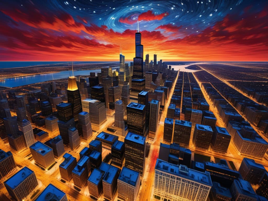  concept art chicago’s sears tower, chicago’s crain’s communications building, drone view, tilt shift, van gogh's starry starry night with colorful red and orange swirls in the beautiful night sky, cloud gate reflects the colorful van gogh swirls in the sky, hyper realistic, chicago skyline, mesmerizing, intricate details, flambient golden and red sunrise, dramatic lighting, epic composition, wide angle, cinematic, masterpiece, high resolution, sharp details, best quality, 4k, raw photo, van gogh influence, studio lighting, impressionist, bold colors, starry sky, architectural elements, medium format lens, high angle, cityscape, city life, metropolitan, van gogh's brushstrokes, van gogh's shadows, van gogh's colors, van gogh's textures