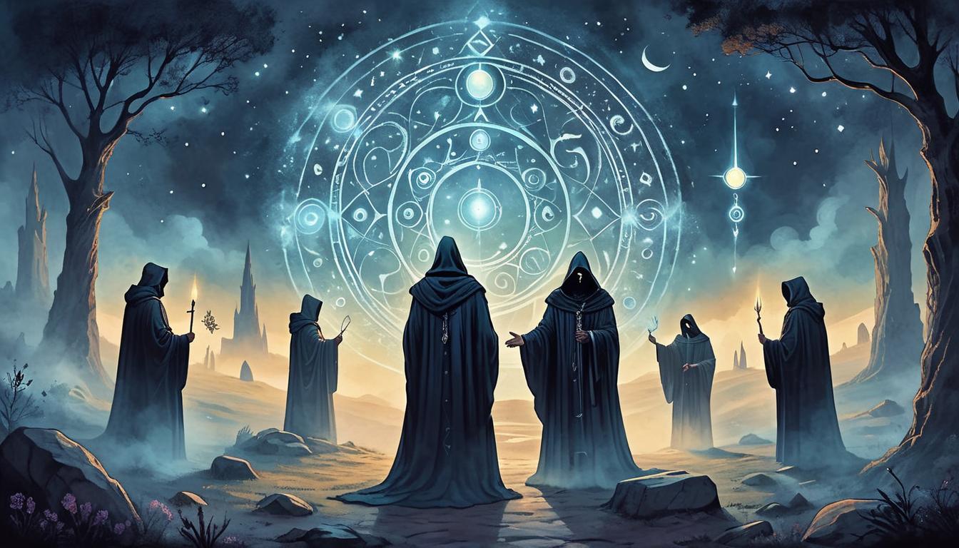  on parchment, surrealism+++, chosen ones, cloaked in ethereal robes, luminous aura, glowing in twilight hues, eyes fierce with purpose, ancient stone circle, cosmic significance, solemn, reverent(mysterious, provocative, symbolic,muted color)+++