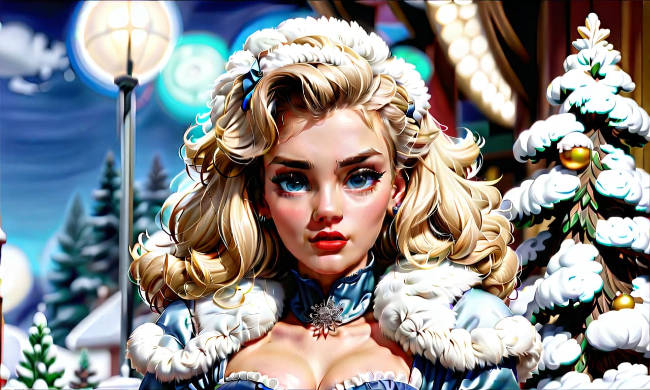  kawaii style "create a painting in the pin up style featuring a young woman with a cute face and makeup. she has light hair styled with large white bows on the sides, from which curly hair flows down. the woman is dressed in a short blue fur coat with a fluffy white fur collar, which accentuates her figure. her arms are extended along her body to mid thigh, with her wrists flared out to the sides. she wears nylon stockings and long white leather high heeled boots, standing as if on her toes. the scene depicts her standing straight in the snow, appearing to shiver from the cold, surrounded by snow and snowdrifts. to her right, there is a fluffy green christmas tree adorned with colorful ornaments and twinkling lights. the snow sparkles and g