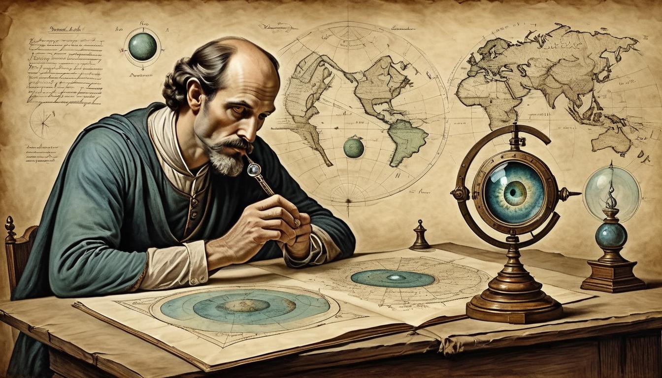  on parchment, surrealism+++, a figure adjusting their new lenses, the world coming into sharp, clear focus, sense of precision(mysterious, provocative, symbolic,muted color)+++