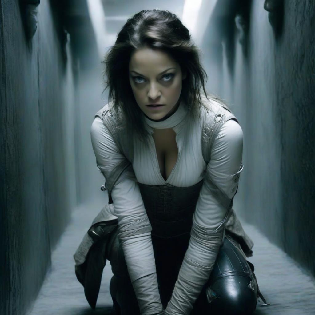  macabre style marion cotillard in the form of an elf thief fighter in a white leather corset, leather shoulder pads and elbow pads, in full growth in a dark corridor. . dark, gothic, grim, haunting, highly detailed, perfecteyes, perfect hands