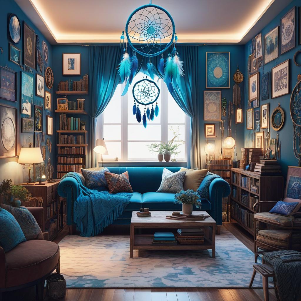  a small, cluttered apartment. the walls are covered in dream catchers of various sizes, books on dream lore, and strange artifacts. in the center of the room is a large, ancient looking dream catcher. there’s a large couch also. the color scheme is hues of blues., award winning, professional, highly detailed, masterpiece